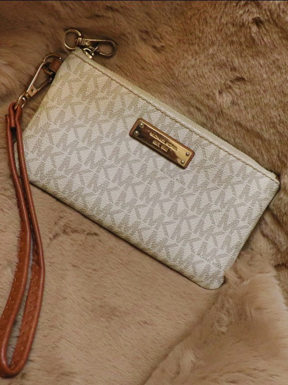 Michael Kors Ivory Logo Wristlet with Tan Strap